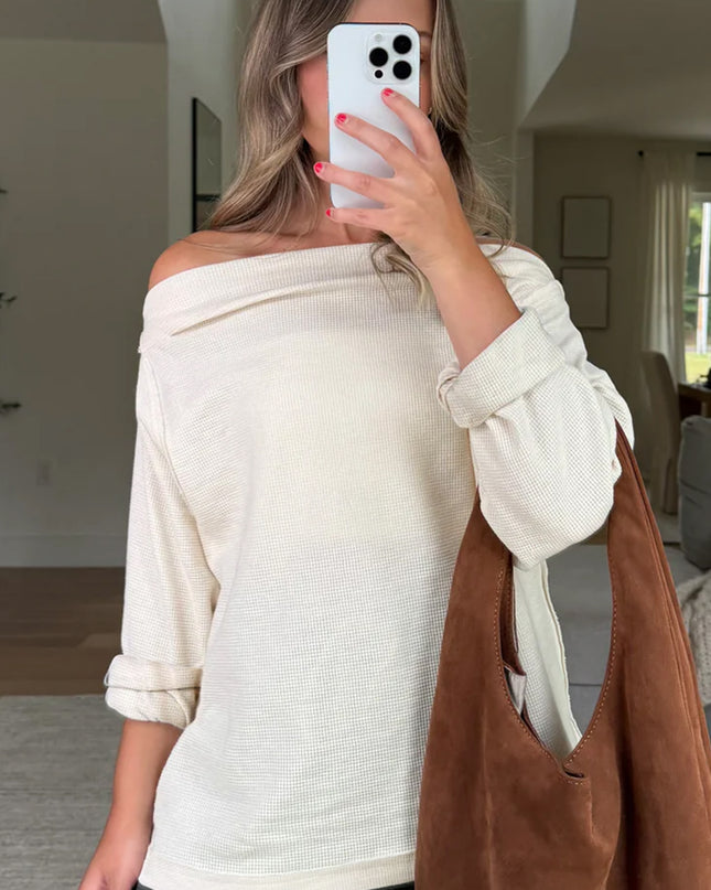 Beige Solid Color Waffle Knit Asymmetric Neck Long Sleeve Top