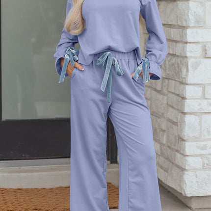 Beau Blue Flounce Long Sleeve Top Drawstring Pants Contrast Velvet Bow Knot 2pcs Lounge Set