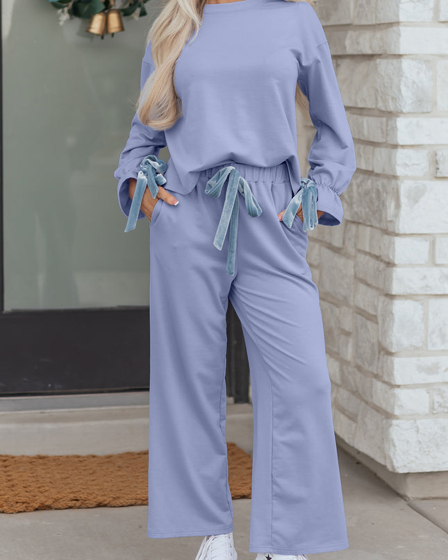 Beau Blue Flounce Long Sleeve Top Drawstring Pants Contrast Velvet Bow Knot 2pcs Lounge Set