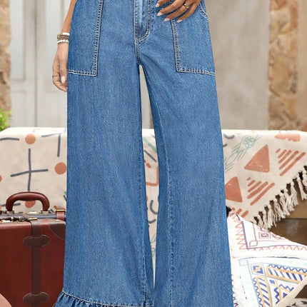 Sail Blue Plus Size Elastic Waist Ruffled Wide Leg Denim Pants