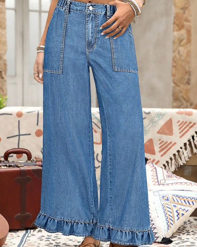 Sail Blue Plus Size Elastic Waist Ruffled Wide Leg Denim Pants