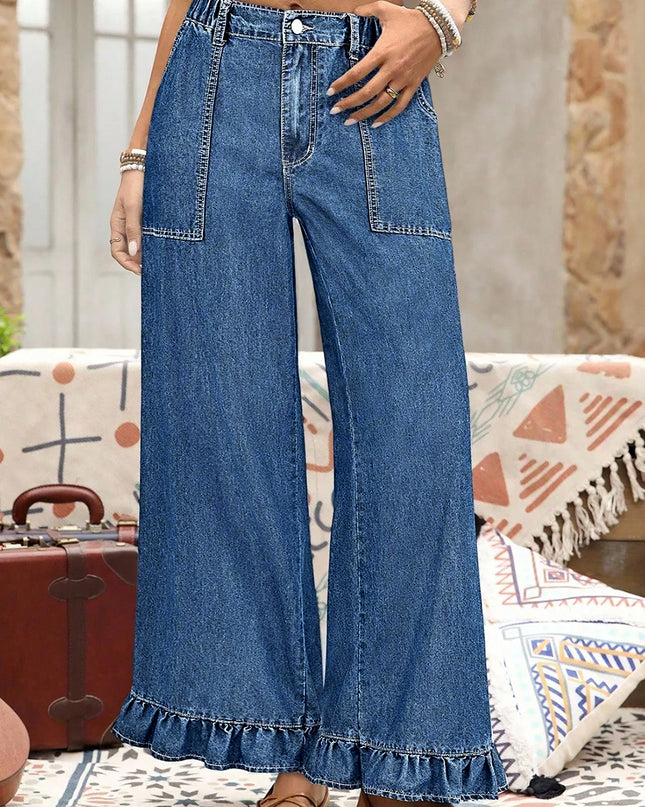 Sail Blue Plus Size Elastic Waist Ruffled Wide Leg Denim Pants