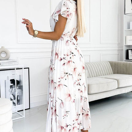Peach Blossom Pleated Midi Dress with Frills – Lisa