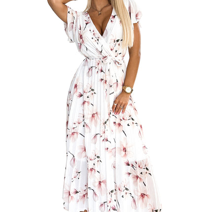 434-4 LISA Pleated midi dress with a neckline and frills - peach blossom on a white background
