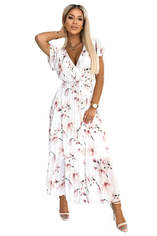 434-4 LISA Pleated midi dress with a neckline and frills - peach blossom on a white background