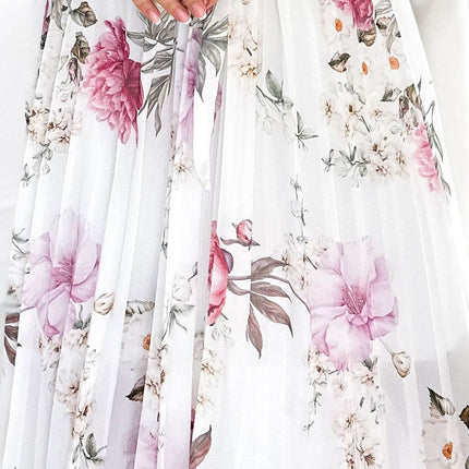 White Pleated Midi Dress with Frills and Flowers – Lisa