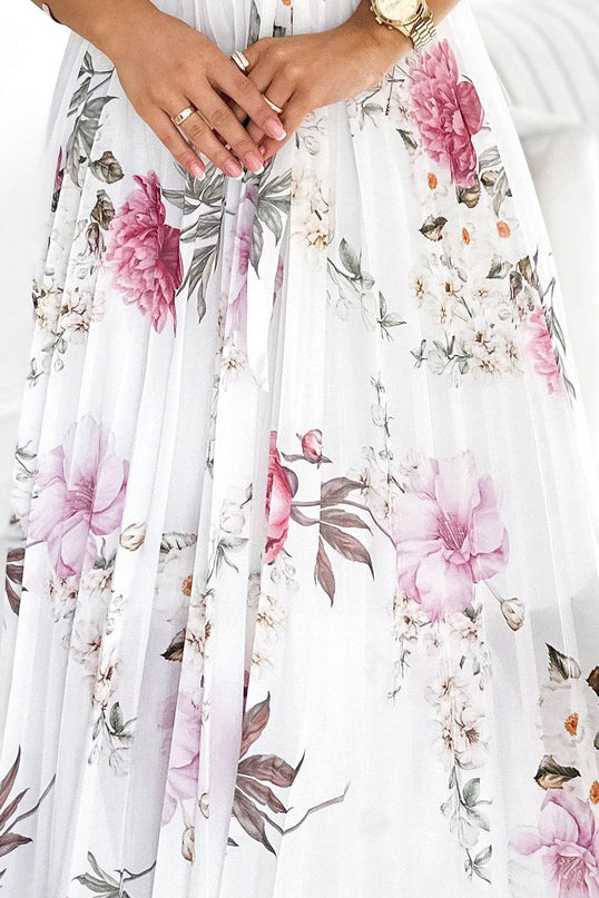 White Pleated Midi Dress with Frills and Flowers – Lisa