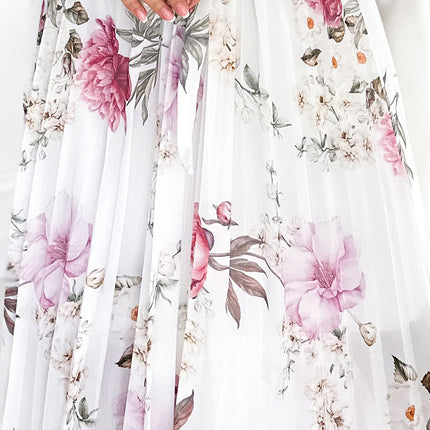 434-6 LISA Pleated midi dress with a neckline and frills - spring flowers on a white background