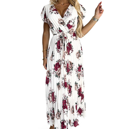 434-8 LISA Pleated midi dress with a neckline and frills - burgundy roses