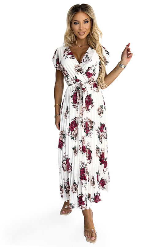434-8 LISA Pleated midi dress with a neckline and frills - burgundy roses