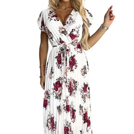 434-8 LISA Pleated midi dress with a neckline and frills - burgundy roses
