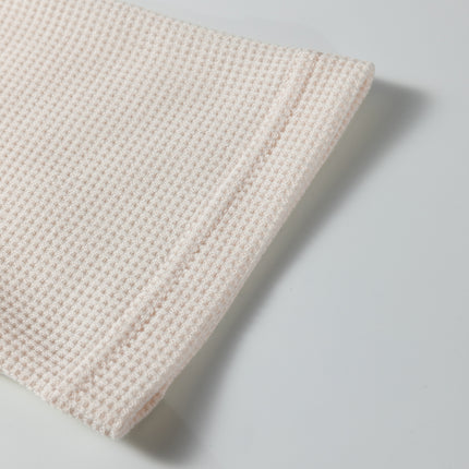 Beige Solid Color Waffle Knit Asymmetric Neck Long Sleeve Top