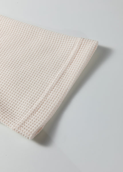 Beige Solid Color Waffle Knit Asymmetric Neck Long Sleeve Top