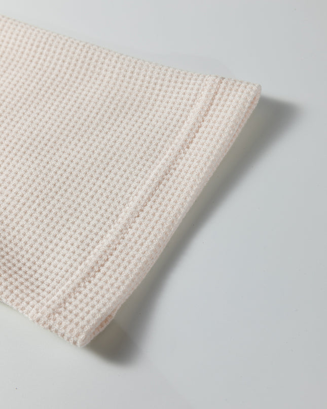 Beige Solid Color Waffle Knit Asymmetric Neck Long Sleeve Top