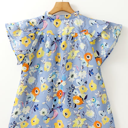 Sky Blue Flutter Sleeve V Neck Floral Top
