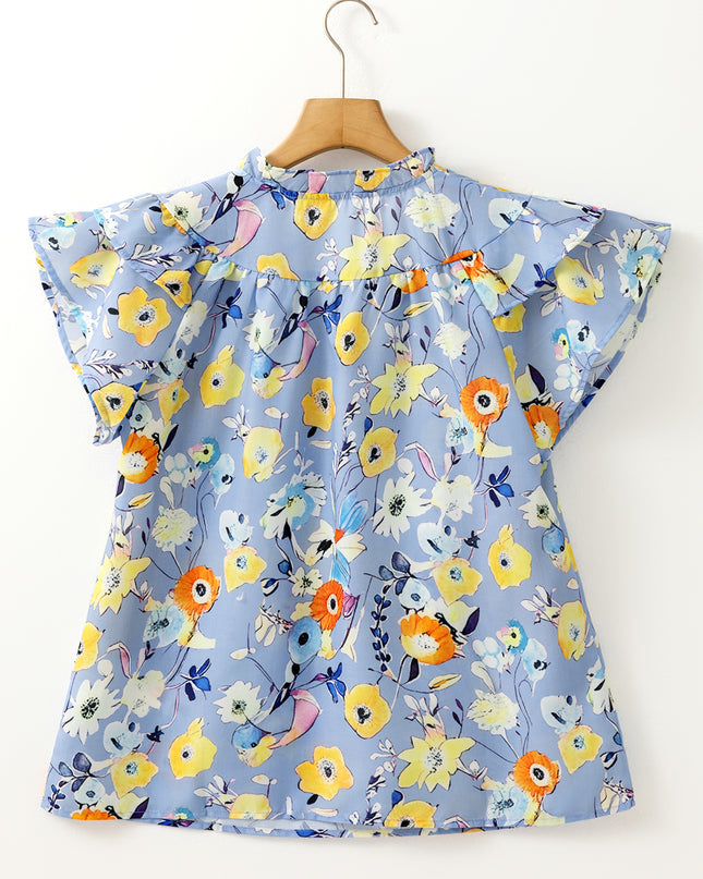 Sky Blue Flutter Sleeve V Neck Floral Top