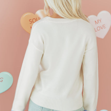 Light Pink Plaid Heart Embroidered Cuffed Drop Shoulder Crew Neck Sweater