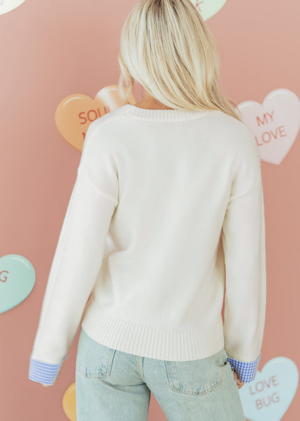 Light Pink Plaid Heart Embroidered Cuffed Drop Shoulder Crew Neck Sweater