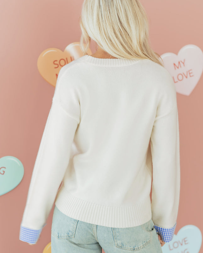 Light Pink Plaid Heart Embroidered Cuffed Drop Shoulder Crew Neck Sweater