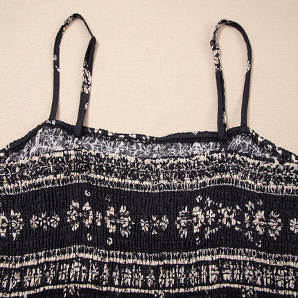 Black Spaghetti Straps Elastic Waist Loose Ethnic Print Jumpsuit