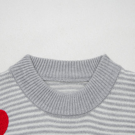 Gray Stripe Contrast Heart Pattern Valentine Knit Sweater