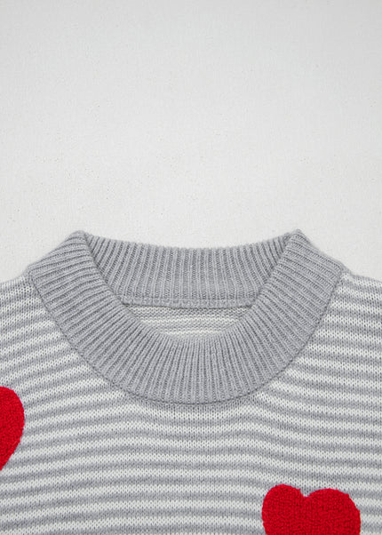 Gray Stripe Contrast Heart Pattern Valentine Knit Sweater