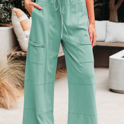Bonbon Exposed Seam Drawstring Elastic Waistband Wide Leg Cargo Pants