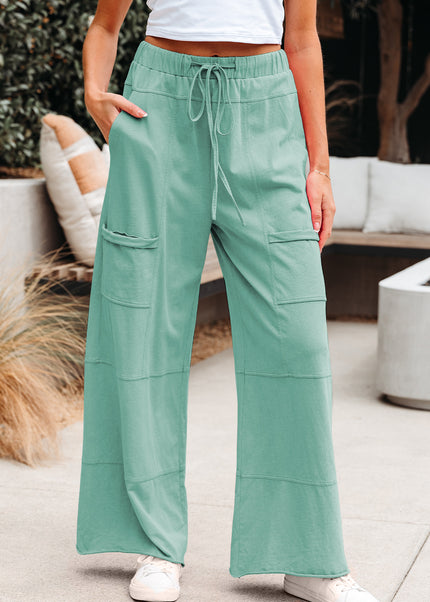 Bonbon Exposed Seam Drawstring Elastic Waistband Wide Leg Cargo Pants