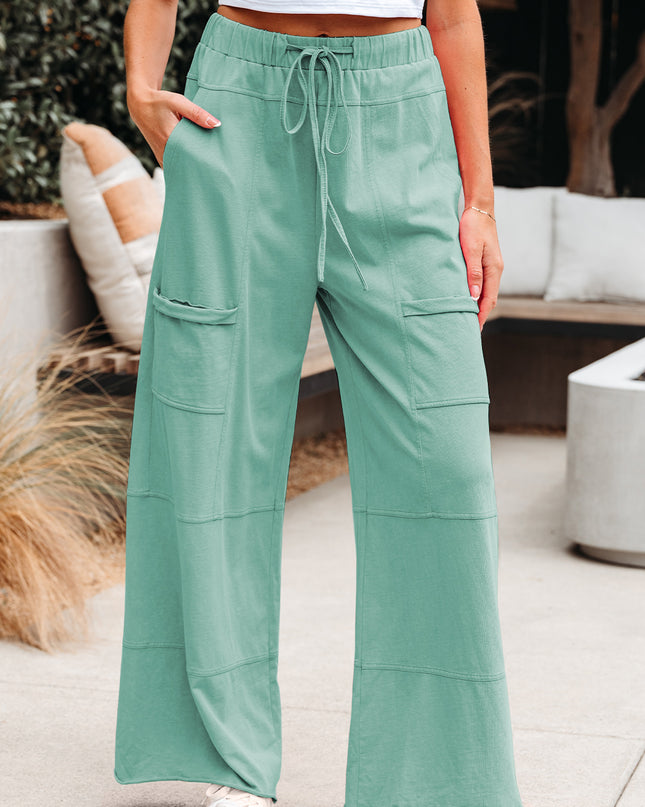 Bonbon Exposed Seam Drawstring Elastic Waistband Wide Leg Cargo Pants