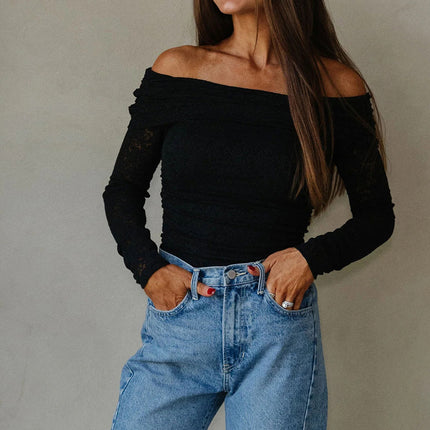 Black Floral Lace Off-shoulder Long Sleeve Slim Top