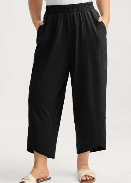 Sail Blue Plus Size Elastic Waist Asymmetrical Hem Loose Capris Pants