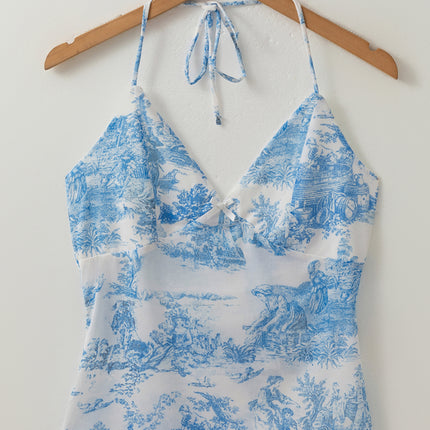 Sky Blue Random Printed Mesh Bow Detail Halterneck Tank Top