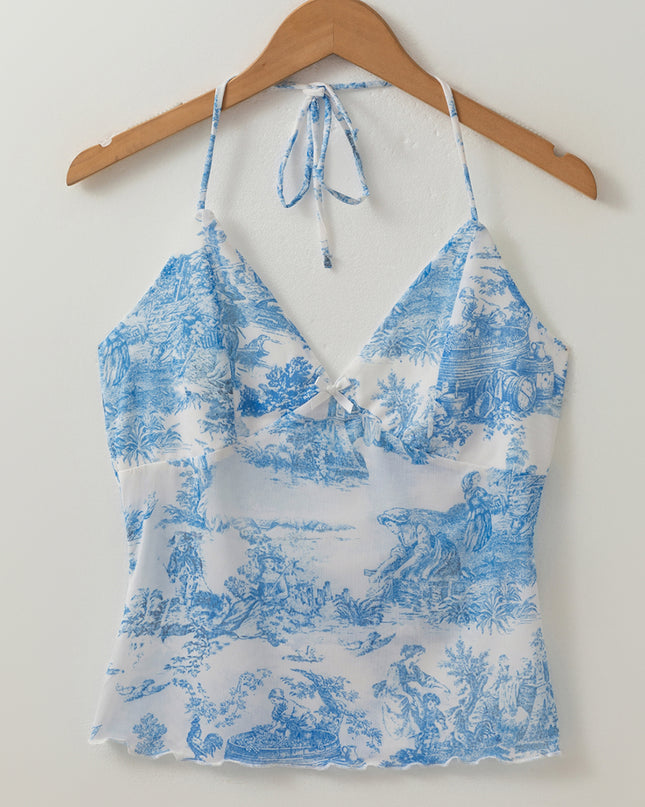 Sky Blue Random Printed Mesh Bow Detail Halterneck Tank Top