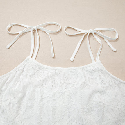 White Tie Spaghetti Straps Floral Lace Overlay Long Dress