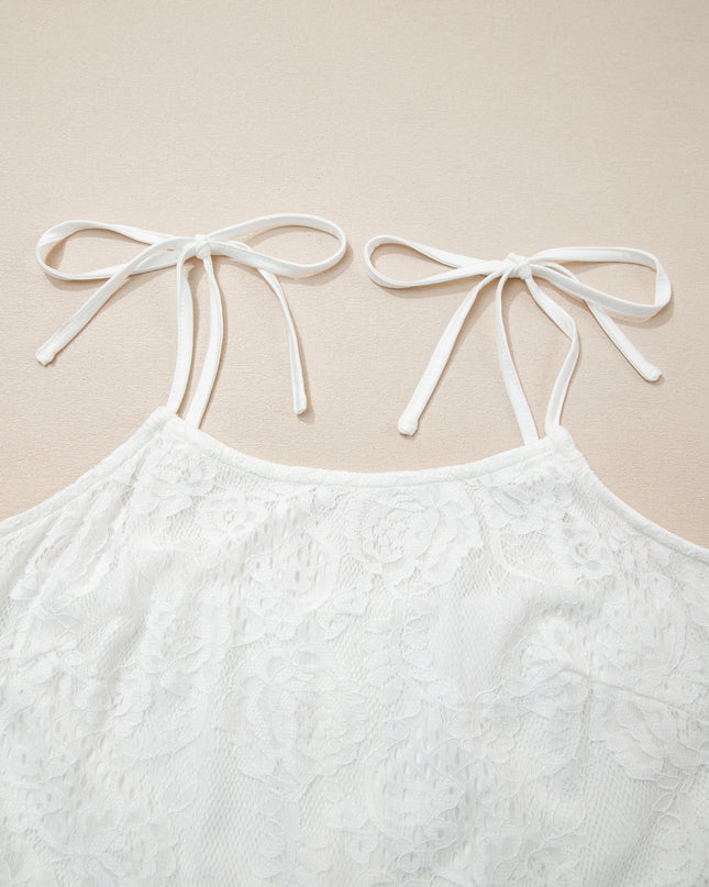 White Tie Spaghetti Straps Floral Lace Overlay Long Dress