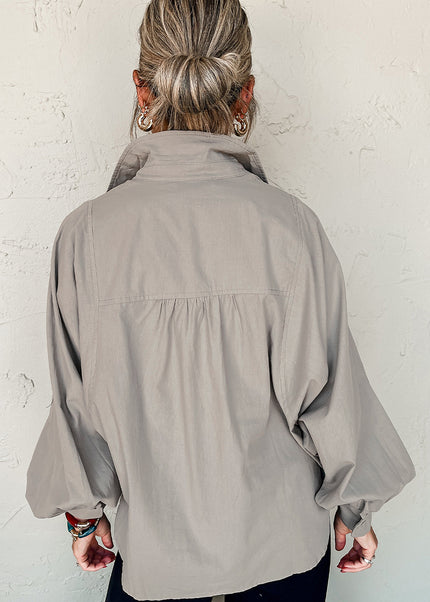 High Solid Color Balloon Sleeve Side Slits Loose Fit Shirt