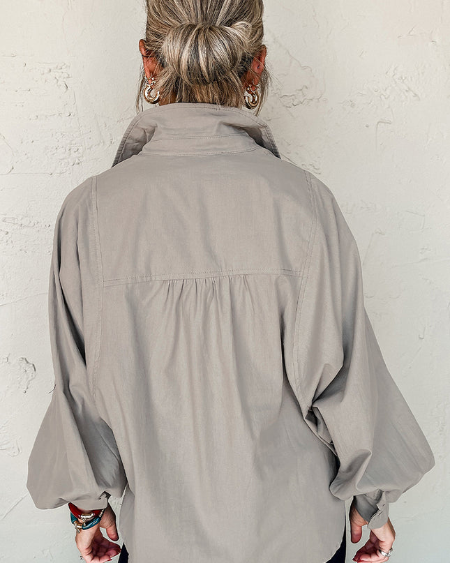 High Solid Color Balloon Sleeve Side Slits Loose Fit Shirt