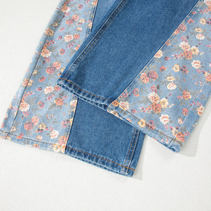 Peacock Blue Floral Patchwork Bib Denim Wide Leg Overalls