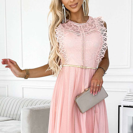 454-2 GRETA dress with lace and gold belt - peach