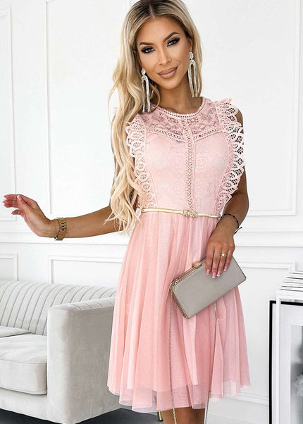 454-2 GRETA dress with lace and gold belt - peach