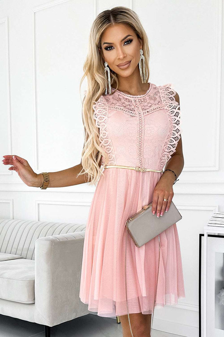 Peach Dress with Lace and Gold Belt – Greta