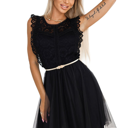 454-5 GRETA lace dress with tulle skirt and gold belt - black