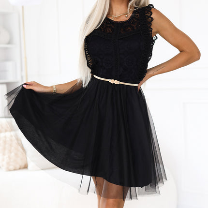 454-5 GRETA lace dress with tulle skirt and gold belt - black