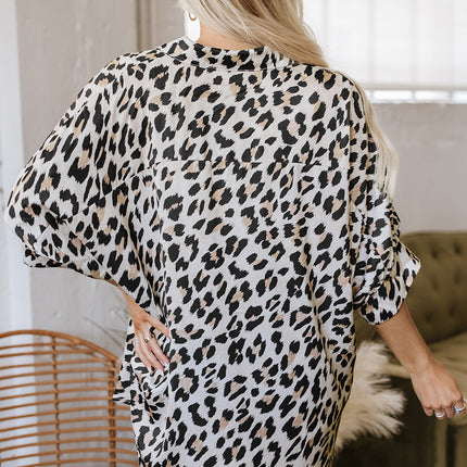 Beige Leopard Print Buttoned 3/4 Sleeve Loose Fit Shirt