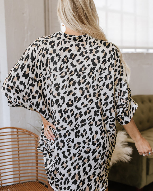 Beige Leopard Print Buttoned 3/4 Sleeve Loose Fit Shirt