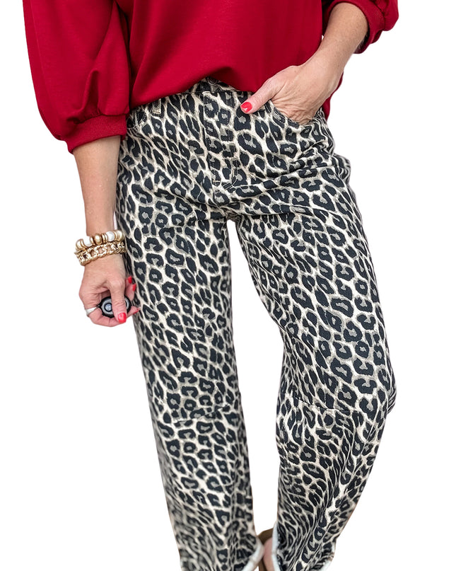 Black Leopard Print Barrel Jeans