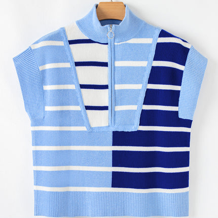 Black Stripe Colorblock Quarter Zip Collar Sweater Vest