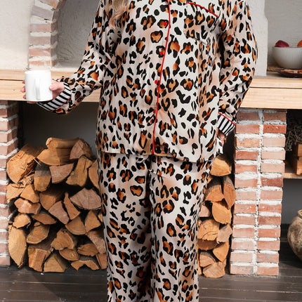 Khaki Plus Leopard Print Contrast Piping Striped Patchwork 2pcs Long Pajama Set