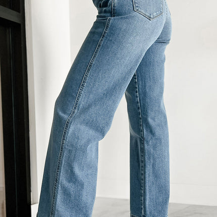 Dusk Blue Multi Buttons Medium Wash Straight Loose Leg Jeans