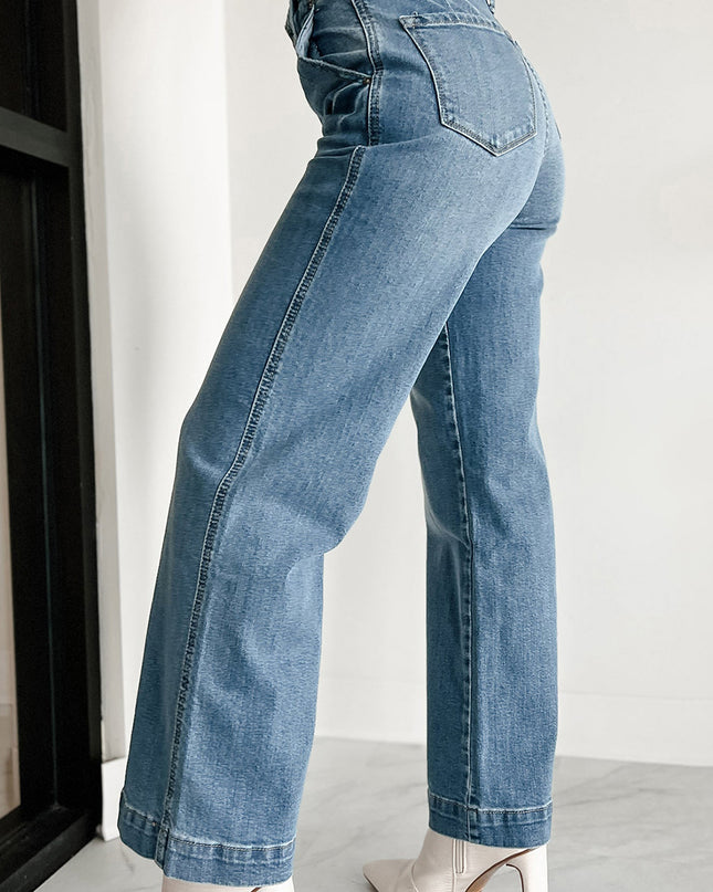 Dusk Blue Multi Buttons Medium Wash Straight Loose Leg Jeans